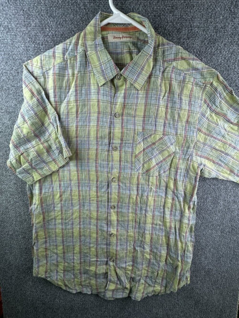 Tommy Bahama Linen Short Sleeve Button Up Shirt Men’s Hawaiian Plaid Green Med